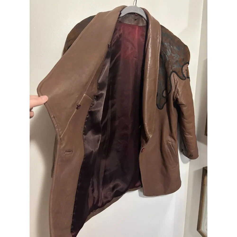 Vintage Western Faux Leather Coat Brown Yoke Blazer 80s Oversized Large Cowgirl - Picture 2 of 10